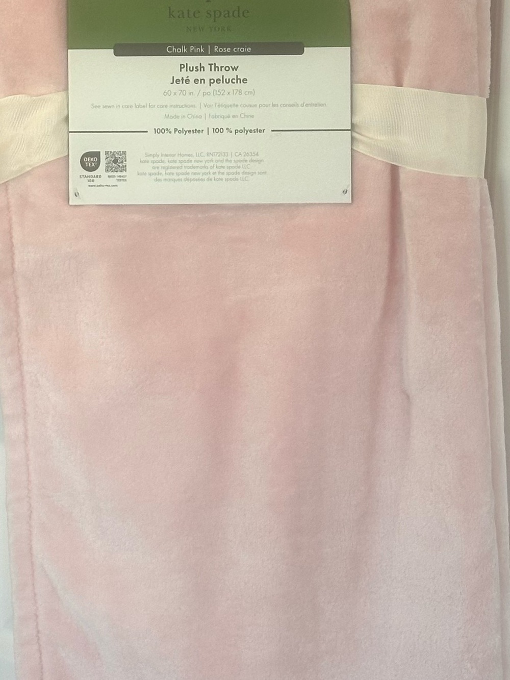 Kate Spade New York Chalk Pink Plush Throw Blanket 60x70 NWT